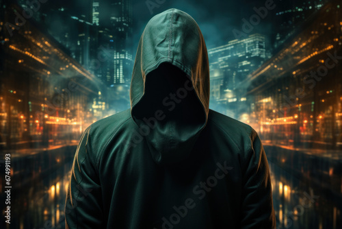 A hacker's silhouette in a hoodie, symbolizing the constant threat of cyberattacks. Generative Ai.