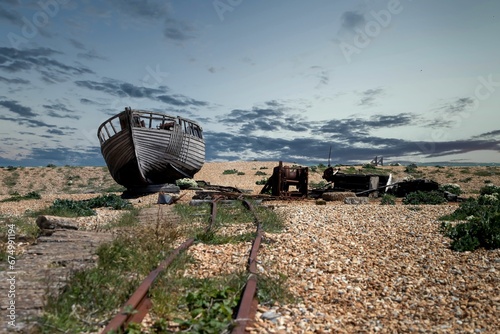 Abandoned ship stranded on the Dungeness beach photo
