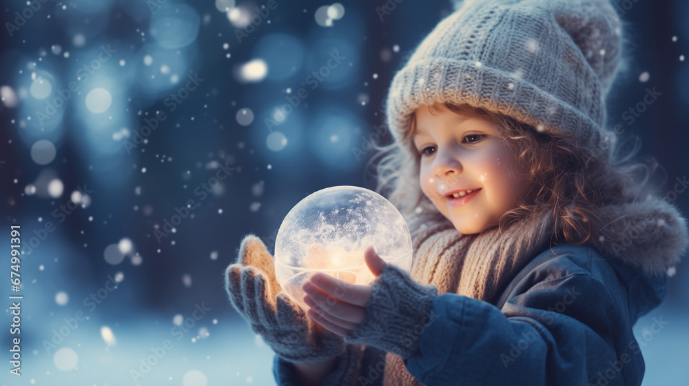 Enchanted Christmas Play: A Delightful Little Dreamer Grasping a Snowflake-Filled Ball, Capturing the Magic of the Season with Pure Joy Enchanted Christmas Play: A Delightful Little Dreamer Grasping a Snowflake-Filled Ball, Capturing the Magic of the Season with Pure Joy