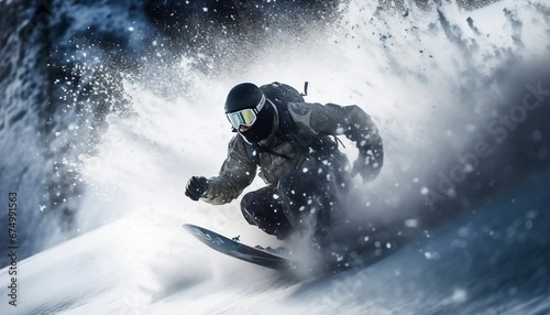 AI generated snowboarder gliding down on a snowy mountaiin photo