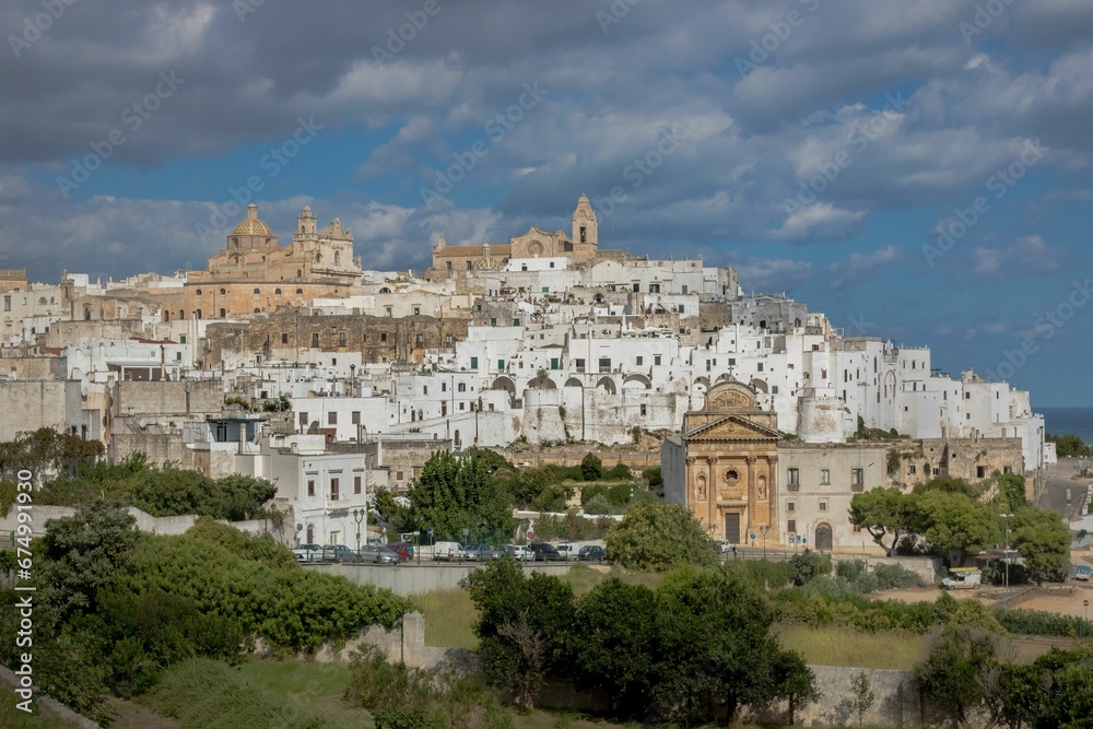 Beautiful view of the coastal town of Ostuni nestle on a cliff in Italy