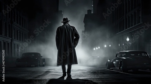 Man in a long, tan trench coat stands on a wet and foggy city street at night. AI-generated. photo