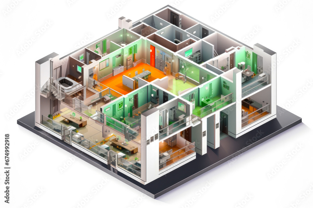 Naklejka premium An isometric cross-sectional cutout diagram of modern green apartment house, isolated on white background