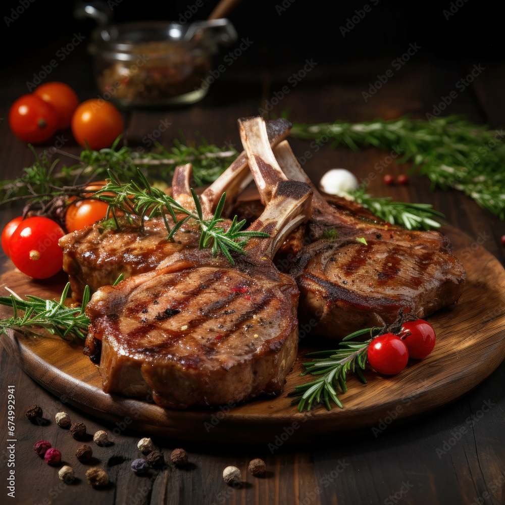 Lamb rib steak served on the dining tableGenerative AI illustration Lamb rib steak served on the dining tableGenerative AI illustration