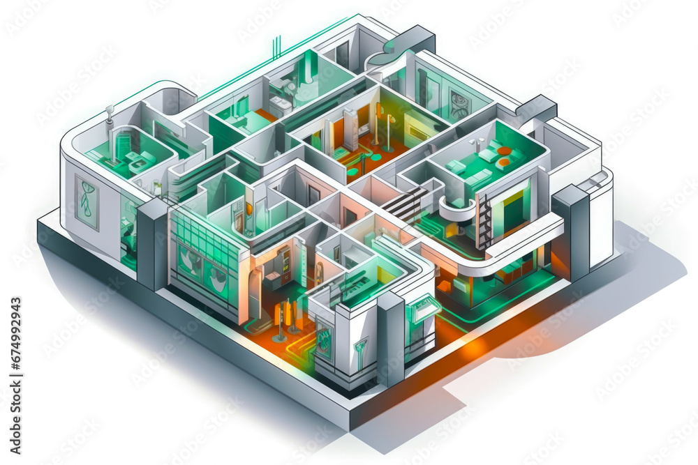 An isometric cross-sectional cutout diagram of modern green apartment house, isolated on white background An isometric cross-sectional cutout diagram of modern green apartment house, isolated on white background