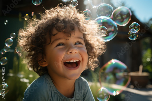 A child with a radiant smile, blowing bubbles in a sunny garden, portraying the simple delight of childhood. Concept of innocence and outdoor fun. Generative Ai.