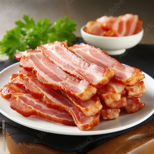 Sliced pork belly bacon served on the dining tableGenerative AI illustration