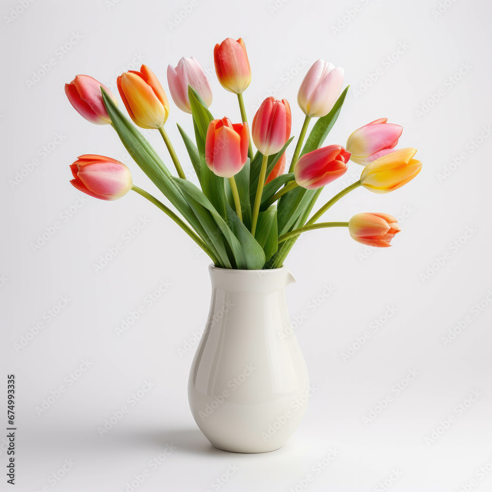 Tulips in a white vase on a white background.Generative AI illustration