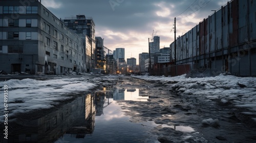 Urban decay with dilapidated buildings and melting snow, reflecting a sunset in the city. © DigitalArt
