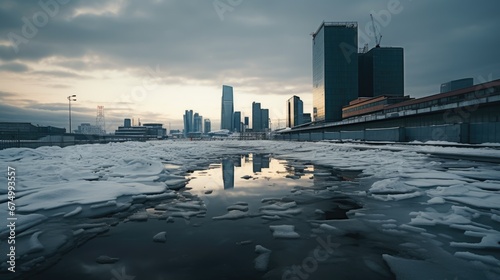 Snowy urban terrain with modern skyscrapers in the distance, ice breaking up on a frozen river.