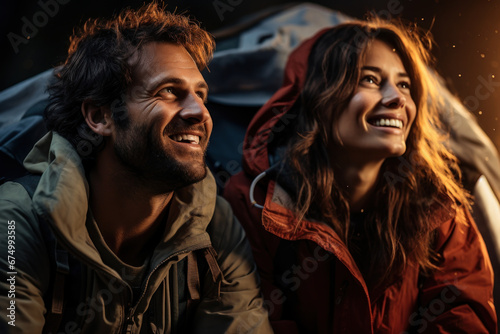 A couple of adventurers smiling under the starry sky during a camping trip, revealing the happiness of outdoor exploration. Concept of nature and adventure. Generative Ai.