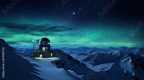 An observatory atop a snowy mountain range under a starry sky with the aurora borealis.