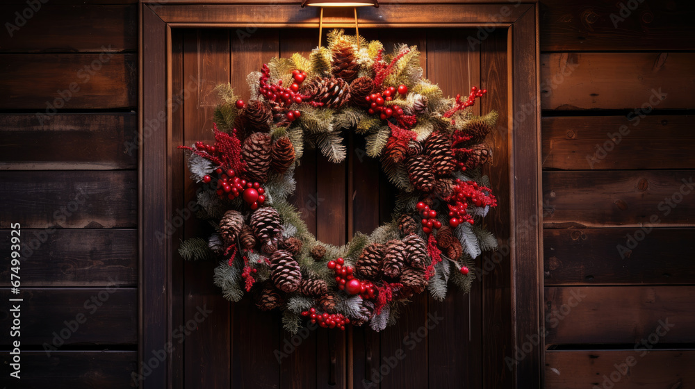 A Christmas wreath hanging on a rustic wooden door A Christmas wreath hanging on a rustic wooden door