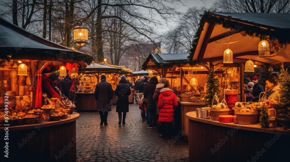 A festive Christmas market scene with people walking in the street