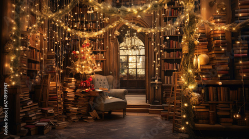 A Christmas library with books
