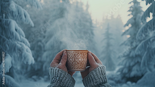 A pair of mittened hands holding a steaming mug of hot cocoa