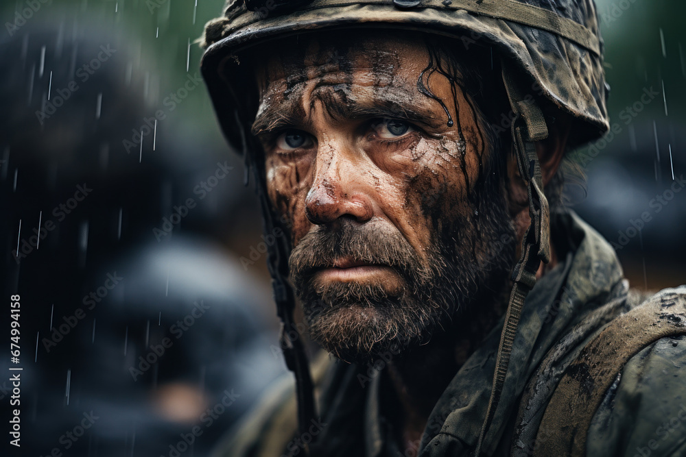 A war veteran with a somber demeanor, reflecting on the scars of battle. Concept of post-traumatic stress and sacrifice. Generative Ai. A war veteran with a somber demeanor, reflecting on the scars of battle. Concept of post-traumatic stress and sacrifice. Generative Ai.