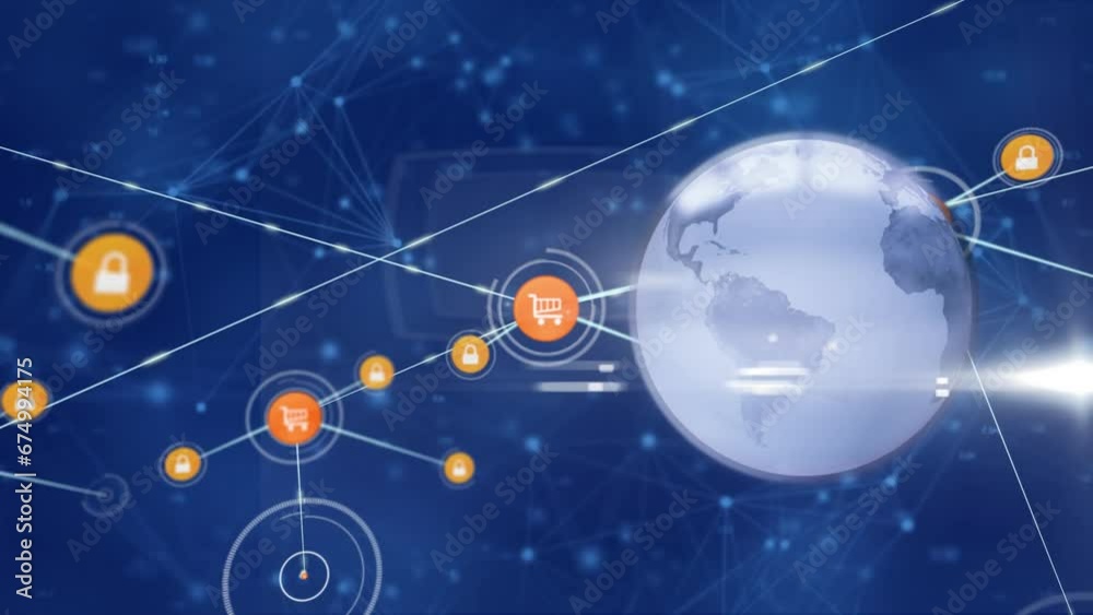 Animation of network of connections and digital icons over spinning globe against blue background