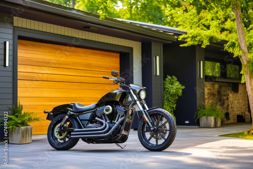 A view of a modern garage with carport and a motorcycle parked in the driveway, and green surroundings