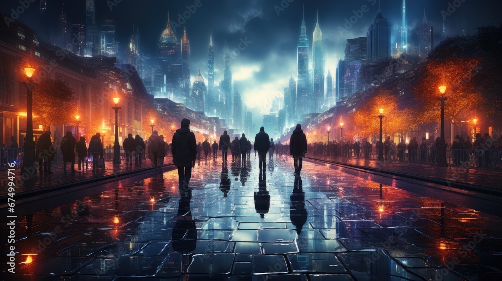 A futuristic evening scene with people walking on reflective wet streets, amidst an urban backdrop glowing with warm lights under a dusky sky.