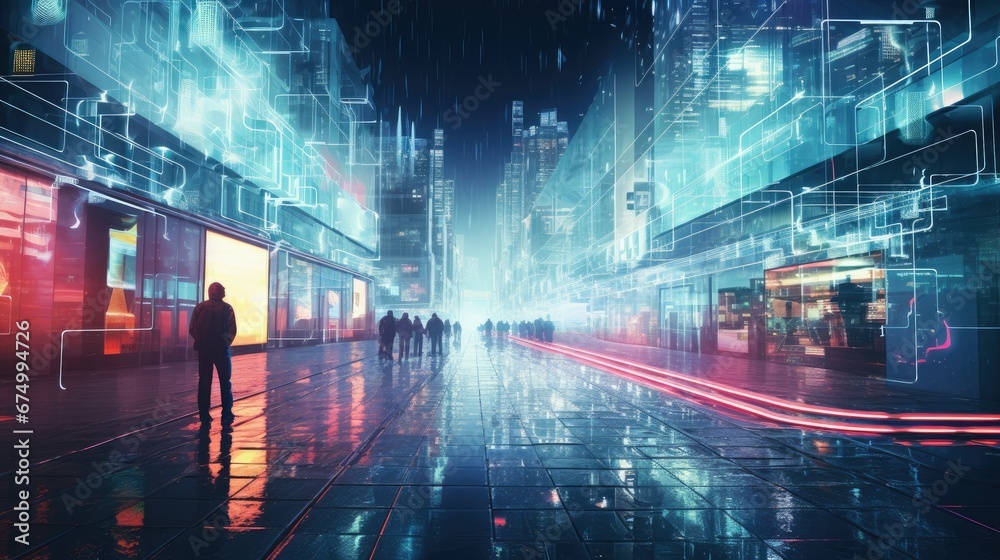 A futuristic cityscape bathed in neon lights and rain, with people walking along, highlighted by vibrant light trails and architectural outlines.