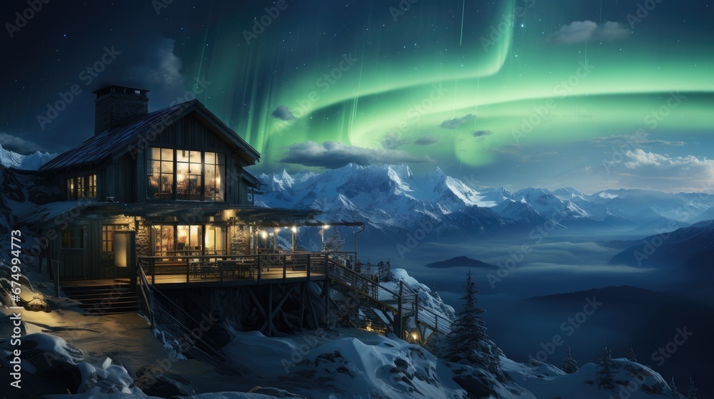 A cozy, illuminated cabin under a captivating aurora borealis, nestled in a snowy mountain landscape at night.