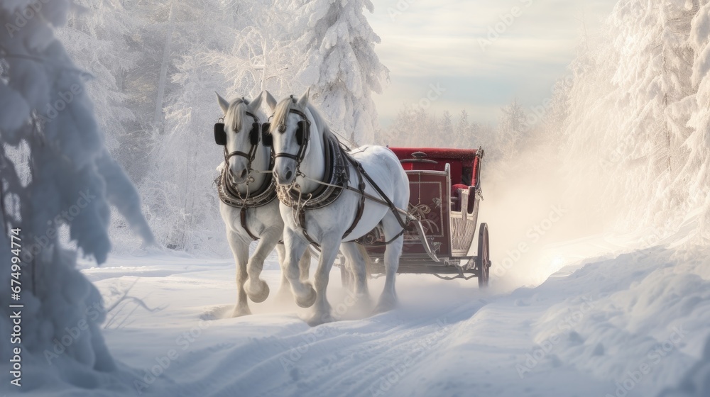 Two white horses pull a red sleigh on a snowy path through a winter wonderland of frosted trees. Two white horses pull a red sleigh on a snowy path through a winter wonderland of frosted trees.