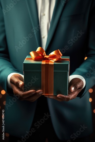 A man holding a festive gif...