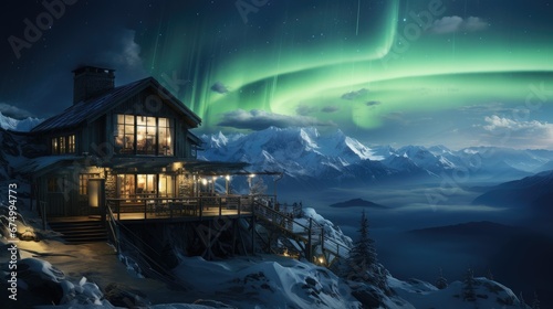 A cozy, illuminated cabin under a captivating aurora borealis, nestled in a snowy mountain landscape at night.