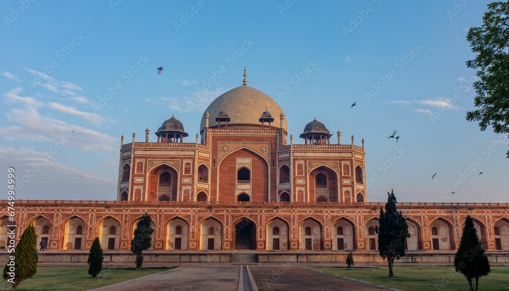 Stunning shot of the Humayun Tomb in Delhi, India, with the majestic blue sky as a backdrop