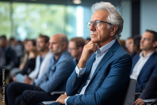 A senior executive grins while addressing a crowded conference room, discussing strategies for sustainable business growth. Concept of corporate sustainability. Generative Ai.