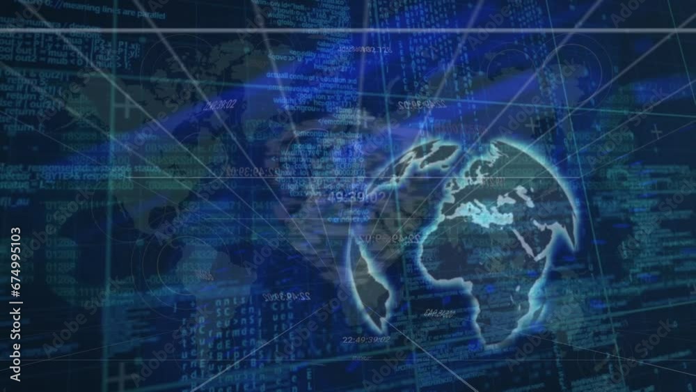 Animation of blue digital wave over spinning globe, world map and security padlock Animation of blue digital wave over spinning globe, world map and security padlock