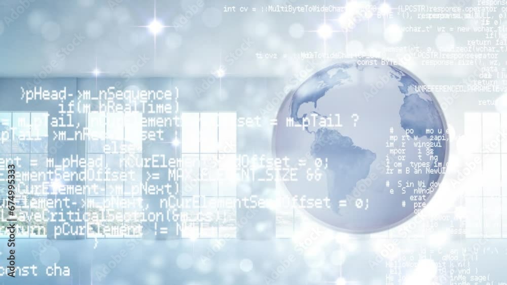 Animation of spinning globe, data processing and light spots against office windows Animation of spinning globe, data processing and light spots against office windows
