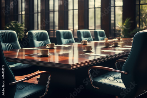 A corporate boardroom with a polished table and leather chairs. Concept of business meetings and decision-making. Generative Ai. photo