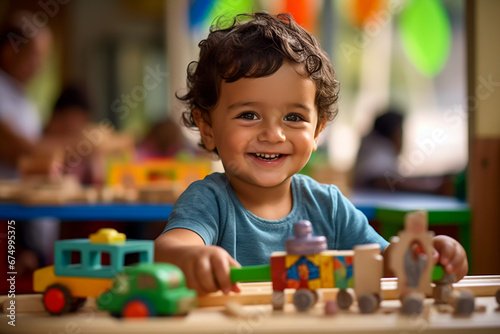 A young toddler playing with colorful wooden toy train young child playing at the creche youngster at nursery primary education pre school learning