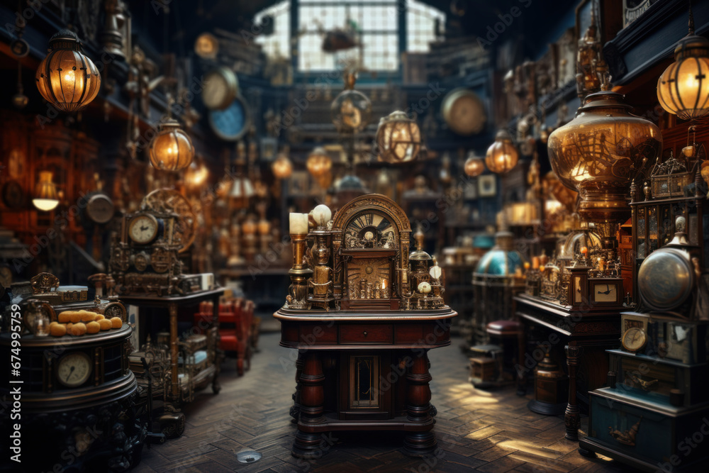 An antique shop brimming with vintage curiosities and nostalgia. Concept of history and collectibles. Generative Ai.