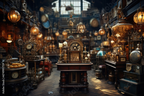 An antique shop brimming with vintage curiosities and nostalgia. Concept of history and collectibles. Generative Ai.