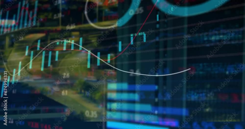 Animation of financial data processing over building in city Animation of financial data processing over building in city