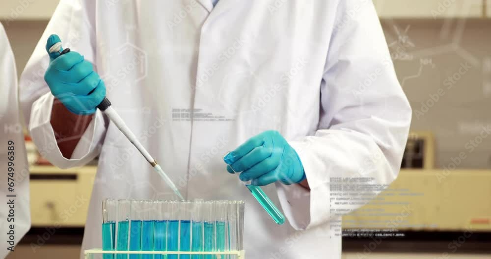 Animation of scientific data processing over male scientist in laboratory