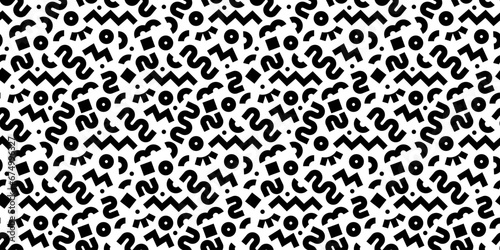 Fun black line doodle seamless pattern. Creative minimalist style art background for children or trendy design with basic shapes. Simple childish scribble backdrop. photo