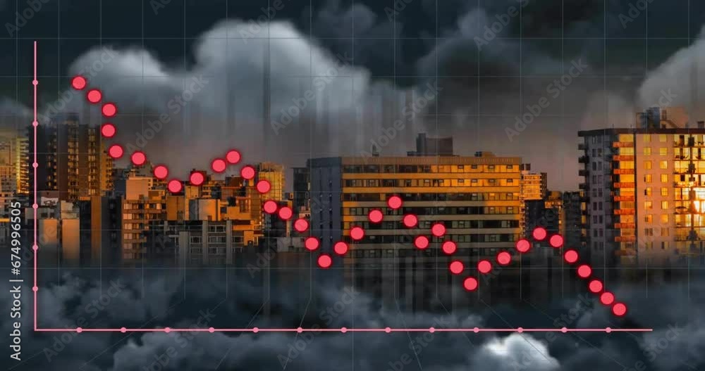 Animation of financial data processing over cityscape Animation of financial data processing over cityscape