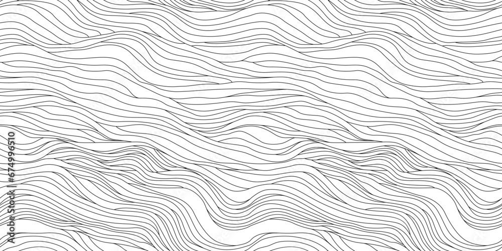 Abstract black and white hand drawn wavy line drawing seamless pattern. Modern minimalist fine wave outline background, creative monochrome wallpaper texture print.  - obrazy, fototapety, plakaty 