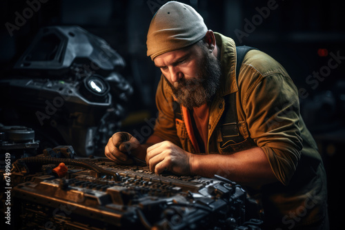 A mechanic under a car's hood, repairing the engine with grease-stained hands. Concept of automotive expertise and hard work. Generative Ai. © Sebastian
