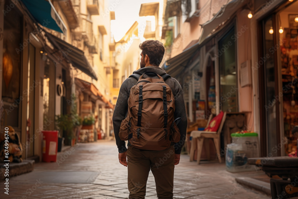 A man with a backpack and camera, exploring a foreign city with curiosity and wanderlust. Concept of travel and cultural exploration. Generative Ai.