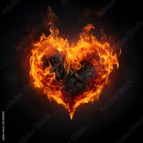 Flaming heart isolated on a black background. Generative ai. 