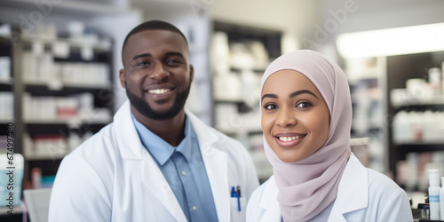 Trustworthy pharmacist in Islamic dress  offering assistance with a warm smile.