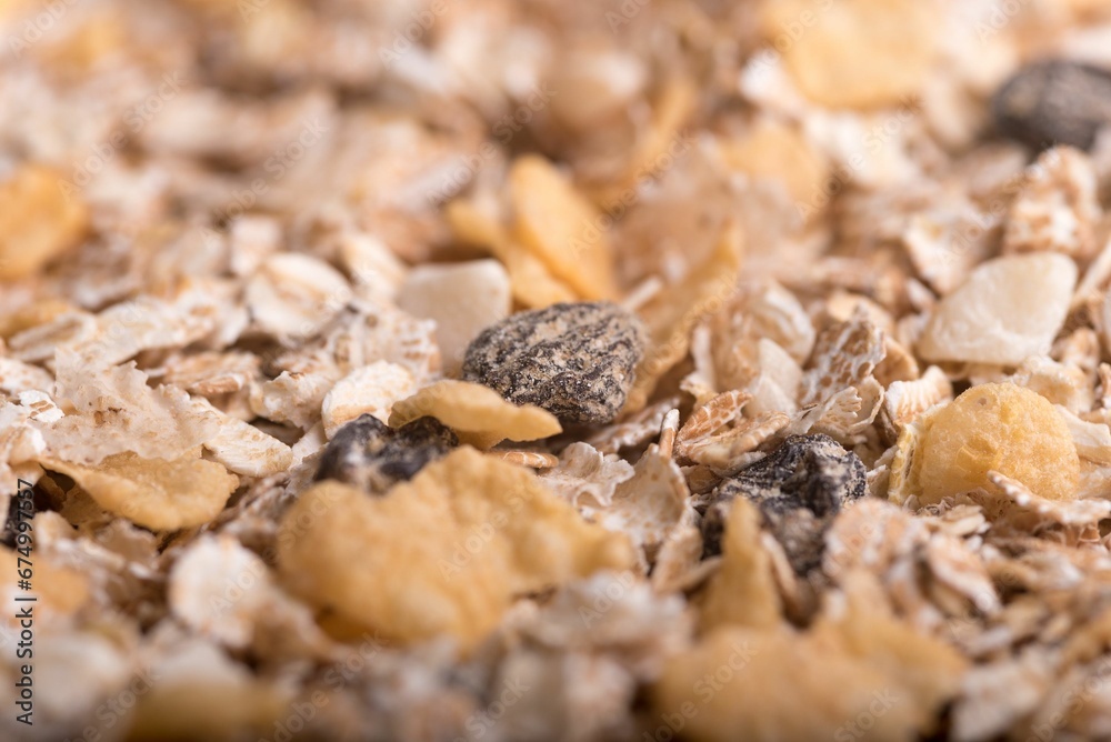 Macro shot of dry oatmeal with raisins, cereal and nuts in it