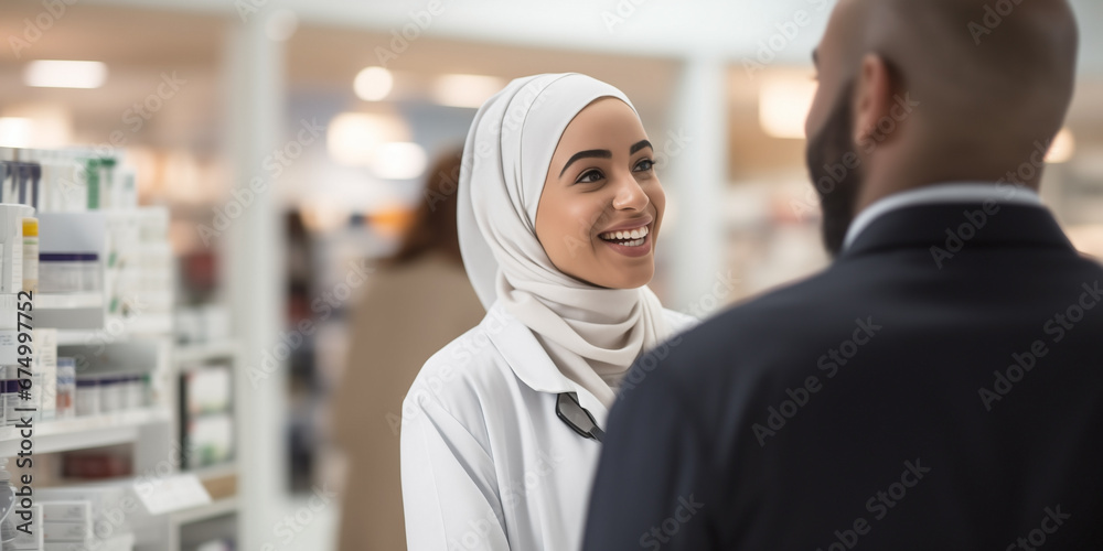 Trustworthy service from a knowledgeable Muslim pharmacy technician in modest attire.