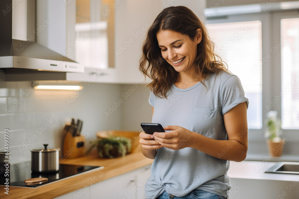 A happy caucasian woman standing in her kitchen white looking at good news on her smartphone
