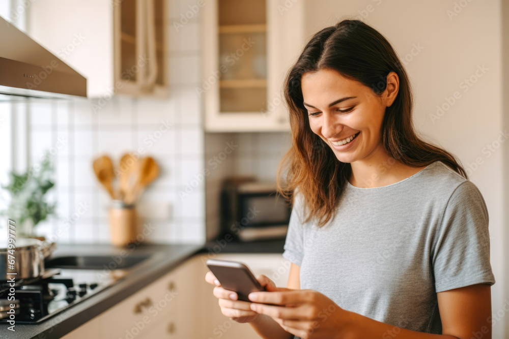 A happy caucasian woman standing in her kitchen white looking at good news on her smartphone A happy caucasian woman standing in her kitchen white looking at good news on her smartphone